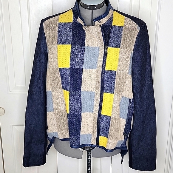 BCBG Maxazria Jakob Plaid Patchwork Jacket Size Large Blue and Gray - Picture 1 of 8